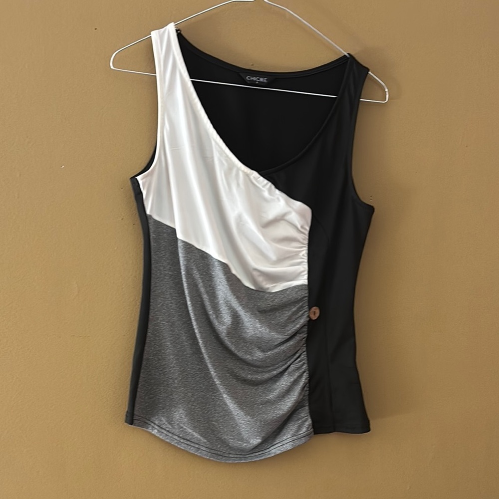 Asymmetrical White and Silver Ruched Tank Top
